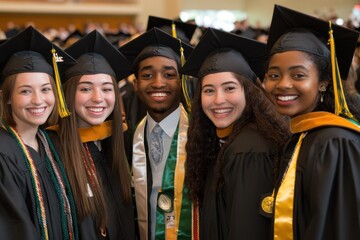 Diverse group of smiling graduates celebrating their achievement during commencement ceremony, Group of diverse graduates in caps and gowns smiling at the camera