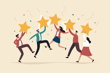 Customer experience, best score rating, client feedback or consumer review, 5 stars rating, like or positive survey, customer satisfaction concept, happy young adult customer holding 5 stars rating.