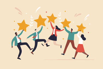 Customer experience, best score rating, client feedback or consumer review, 5 stars rating, like or positive survey, customer satisfaction concept, happy young adult customer holding 5 stars rating.