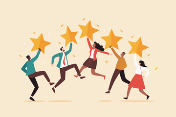 Customer experience, best score rating, client feedback or consumer review, 5 stars rating, like or positive survey, customer satisfaction concept, happy young adult customer holding 5 stars rating.