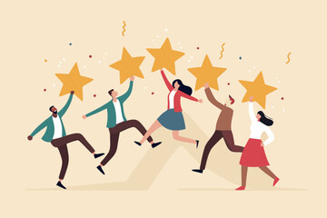 Customer experience, best score rating, client feedback or consumer review, 5 stars rating, like or positive survey, customer satisfaction concept, happy young adult customer holding 5 stars rating.