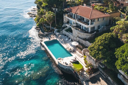 Stunning Bronte waterfront property overlooking the turquoise sea at sunset, Sydney waterfront property on sea cliff Bronte district aerial