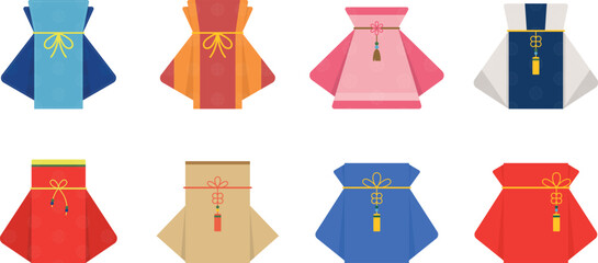 Traditional Korean hanbok-style lucky pouch vector set with norigae ornaments in colorful flat design for holiday, celebration, and gift decoration