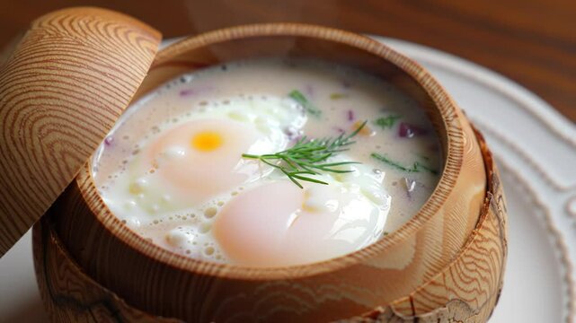 Putting eggs on top of traditional soup called zur or white borscht into bread bowl