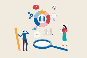 Market research, marketing or advertising survey to launch product, competitors research or social media report marketing report concept, business people look at magnify market data chart and graph.