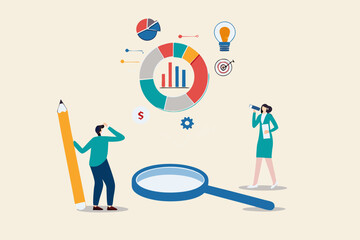 Market research, marketing or advertising survey to launch product, competitors research or social media report marketing report concept, business people look at magnify market data chart and graph.