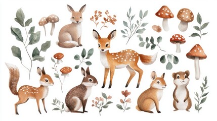 Naklejka premium Collection of watercolor woodland animals, plants, and mushrooms on a white background