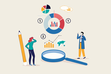 Market research, marketing or advertising survey to launch product, competitors research or social media report marketing report concept, business people look at magnify market data chart and graph.