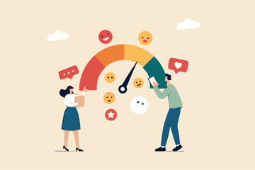 Sentiment analysis on customer feedback, brand reputation or positive review, social voice, rating or opinion report, reaction or survey concept, business people analyze social sentiment dashboard.