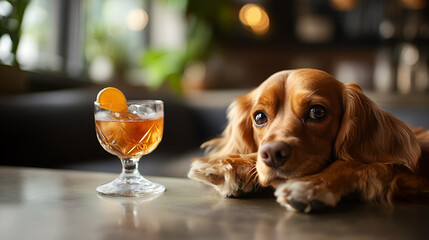Dog cocktail drink whiskey glass cute pet canine adorable friend animal domestic bar relax resting