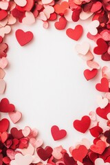 Heartfelt Frame: A charming array of red and pink heart-shaped cutouts encircles a central void, symbolizing love, affection, and the celebration of a special occasion. 