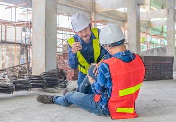 construction worker wears safety gear sitting on floor using walkie talkie call first aid team to...