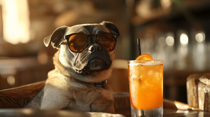 Dog with sunglasses enjoying cocktail drink at bar table funny pet animal canine cool puppy image