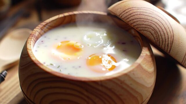 Putting eggs on top of traditional soup called zur or white borscht into bread bowl