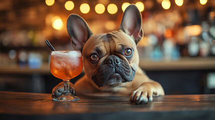 French bulldog cocktail bar funny dog drink alcohol pet canine animal adorable cute brown lights bokeh 100