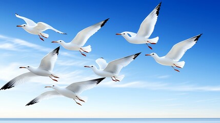 Obraz premium Flock of White Seagulls in Flight Over Blue Ocean Under Bright Sky