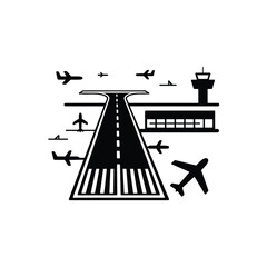 Airport Icon with Runway Control Tower and Airplanes in Black