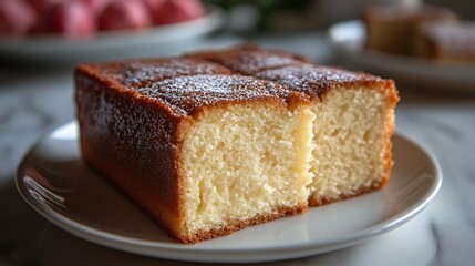 Delicious Pound Cake Slice Topped With Powdered Sugar On White Plate Closeup