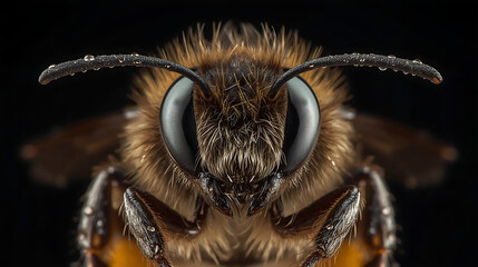 The macro shot captures a bee's face with intricate details like compound eyes, antennae, and fine hair covered in water droplets, highlighting its textures and colors.