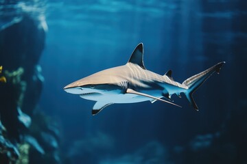 Fototapeta premium Sleek striped shark glides effortlessly through the deep blue ocean waters, Sleek, striped shark swimming in oceans deep blue waters