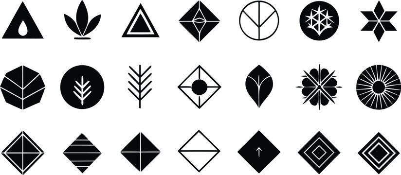 Vector art of a collection of diverse black geometric symbols and icons on a white background.
