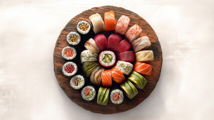 高級寿司が木製ボードに円形配置された