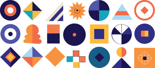 Vector art of a vibrant collection of geometric shapes and abstract patterns in bold colors.