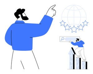 Man pointing at globe surrounded by stars symbolizing excellence, while another climbs bars reaching search interface. Ideal for leadership, success, goals, guidance, teamwork, growth vision. Modern