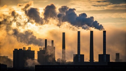 Pipe factory smoke Industrial skyline with smoke stacks against a dramatic sunset backdrop.