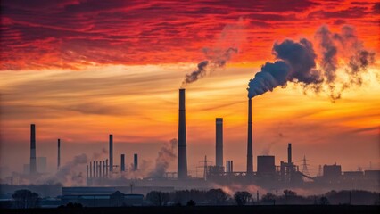 Pipe factory smoke Industrial landscape at sunset with smoke stacks and vibrant clouds.