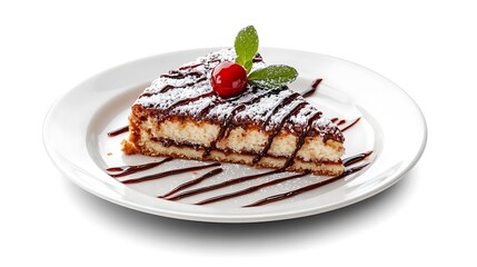 Delicious Slice Cake with Chocolate, Powdered Sugar, Red Cherry on White Plate