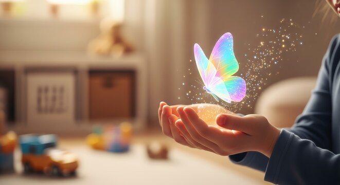 An aesthetic photorealistic image showing a child's small hands holding a magical, glowing hologram of a beautiful, detailed butterfly. - Powered by Adobe