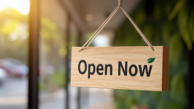 New market access. Wooden sign hanging on glass door open now with warm sunlight shining through inviting customers warmly to enter business with natural atmosphere