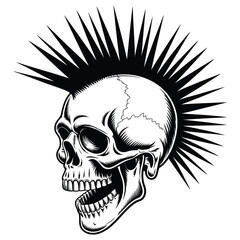 Punk Skull with Mohawk in Black and White Illustration Style