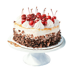 Festive Cherry Cake: A delectable cherry cake, adorned with vibrant cherries and whipped cream, presented on a pristine cake stand, evoking a sense of celebration and indulgence.