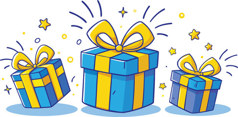 Three Cartoon Gift Boxes with Yellow Bows and Stars