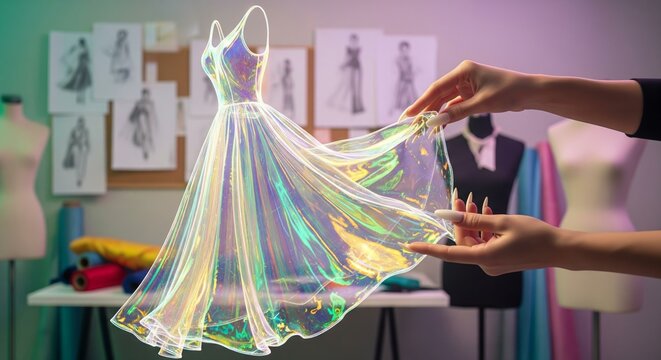 An eye-catching wallpaper of a fashion designer's hands holding a beautiful, flowing, holographic dress made of shimmering light.
