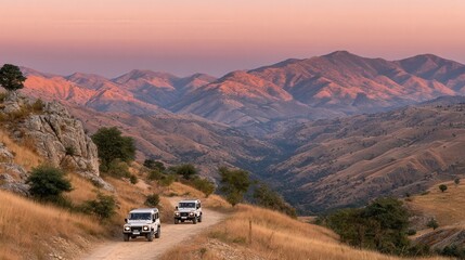 Tourists in solar jeeps explore Nuratau Mountains at sunset as a local guide in traditional dress uses a holographic map, wildlife visible in the distance.