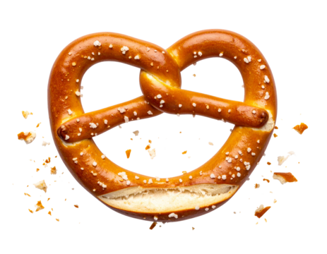 Broken Pretzel Pieces with Crumbs Scattered, isolated on a transparent background