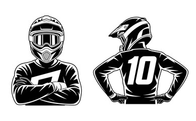 Black and White Motocross Rider Front and Back View Illustration.