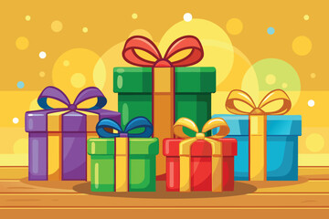Colorful Cartoon Gift Boxes on Wooden Table