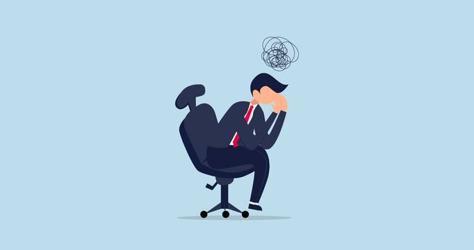 Regret on business mistake animation. frustration or depressed, frustrated businessman holding his head sitting alone on the chair