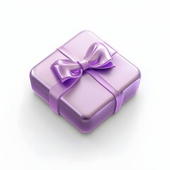 Square gift box with a purple bow.