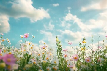 Fototapeta premium Explore the serene beauty of wildflowers under a bright sky with soft clouds and vibrant colors, natural beauty and wild flowers seamless virtual Photo Background