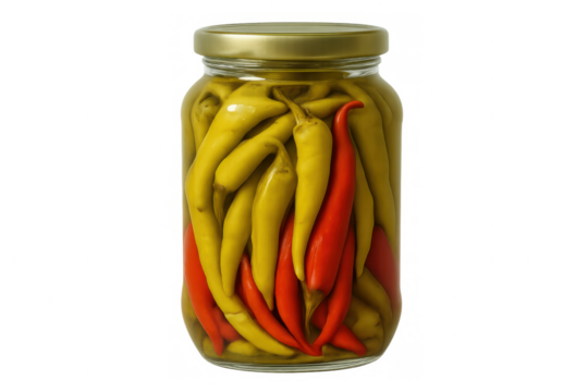 Transparent jar filled with colorful pickled chili peppers, red and yellow varieties showcasing preserved culinary heat