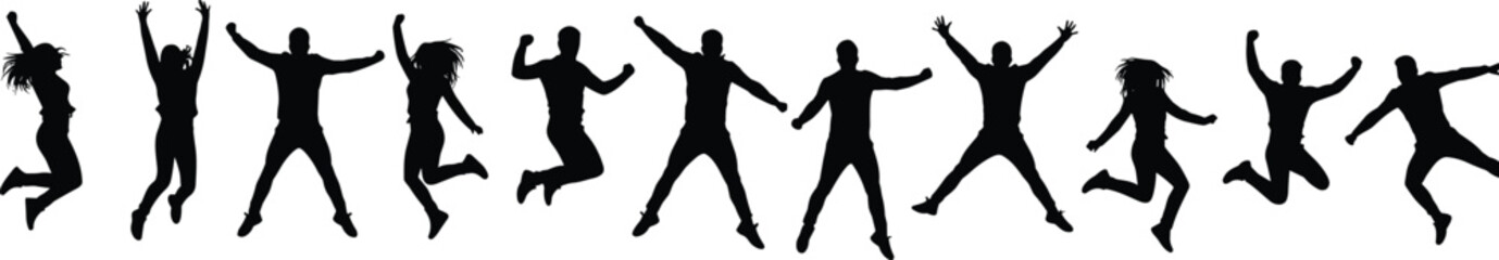 Jumping people silhouettes, energetic poses vector, happy men women jumping, joyful motion, team celebration, dance movement, fun action shapes