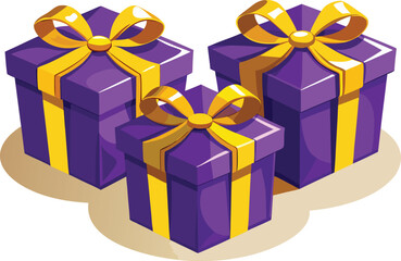 Three Purple Gift Boxes with Yellow Bows