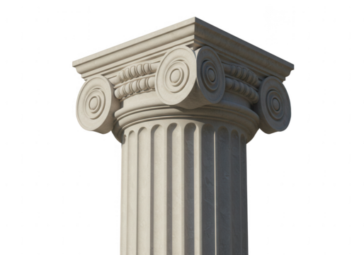 Detailed ionic column capital with volutes and fluted shaft isolated on transparent background