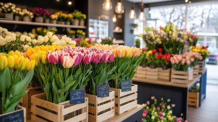 Fototapeta premium Floral Paradise: A vibrant display of colorful blooms and fresh bouquets creates an inviting floral shop atmosphere. Showcasing the beauty and variety of nature's creations.