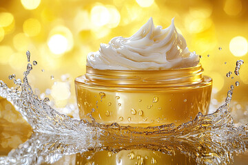 Golden skincare: An inviting closeup of a luxurious skincare jar, embraced by water droplets in a radiant glow. This image conveys elegance and effective.